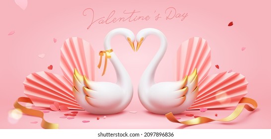 3d pink Valentine's Day banner template with swan couple and folded paper heart shape