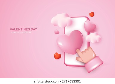 Ilustração de vetor rosa 3D de um smartphone com bolhas de bate-papo de coração, nuvens e ícones de amor, representando gostos de mídias sociais, namoro on-line, mensagens, romance, mensagem de amor em fundo rosa.