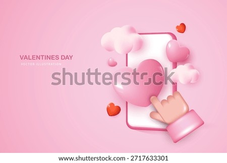 3D pink vector illustration of a smartphone with heart chat bubbles, clouds and love icons, representing social media likes, online dating, messaging, romance, love message on pink background.