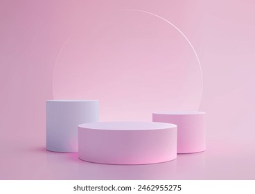 Podio rosa y blanco 3D con un fondo de cristal transparente de círculo Grande detrás de él en el fondo rosa suave, concepto mínimo, exhibición del producto, maqueta, sala de exposición, escaparate. Ilustración vectorial