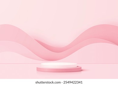 3d pink and white podium pedestal with wave backdrop in pastel room background. Vector minimal mockup scene for cosmetics product display.