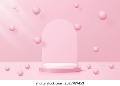 3d pink and white podium, stage with a rounded backdrop and floating spheres. With pink background. Luxury and soft touch style mockup scene for showcasing beauty products display.