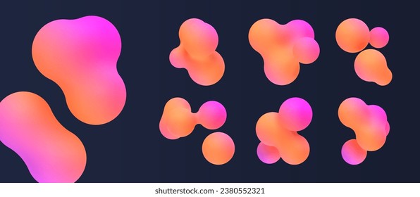 3d pink and yellow liquid blobs set. Abstract colored spheres in flight. Vector realistic render of bubbles on an isolated white background. Illustration of lava lamp elements in y2k style.