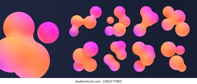 3D-rosa und gelbe Flüssig-Flüssig-Flecken. Abstrakte, farbige Kugeln während des Fluges. Vektorrealistische Darstellung von Blasen auf isoliertem weißem Hintergrund. Illustration von Lava-Lampenelementen im y2k-Stil.