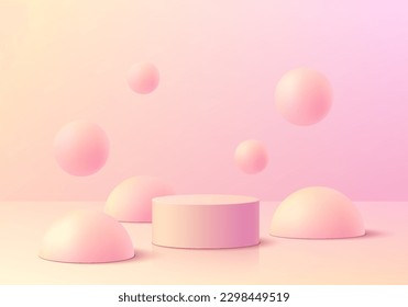 Fondo de podio peatonal de cilindros 3D rosa y amarillo realista con burbujas o bolas flotantes. Muestra de escenario de productos de simulación de escenas minimalistas en pared, pantalla de promoción de banners. Resumen de plataformas vacías.