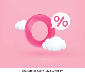 3d pink zero percentage isolated on pink background. Business promotion sale discount shopping online. 3d vector rendering. Isolated Pink Background.