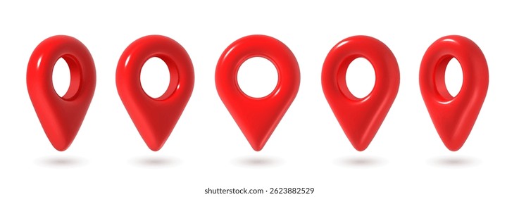 3d pins. Red map location pin in various position, GPS point. Place marker for maps, navigation pointer for app. Destination glossy realistic icons isolated vector set.