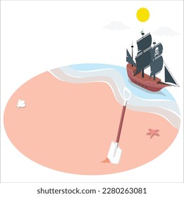 3d Pirate island landscape vector illustration. Cartoon scenic seascape with piratical ship in ocean or sea waters and treasure old chest full of gold on rocky beach island, adventure scene background