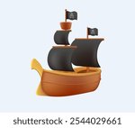 3D Pirate ship illustration. Wooden ship, sailing ship, wind sail boat pirate frigate warship longboat simple schooner nave, traditional ancient sailboat sea galleon, ingenious vector 3D cartoon boat