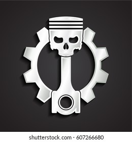 3d Piston Skull Head With Gear Silver Logo