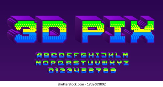 3D Pix alphabet font. Pixel letters, numbers and punctuations. 80s arcade video game typeface.