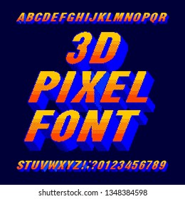 3d pixel alphabet font. Digital gradient letters and numbers. 80s arcade video game typescript.