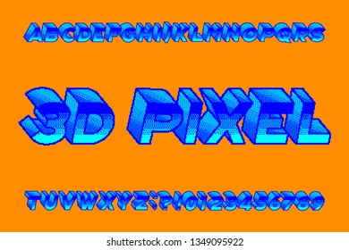 3d pixel alphabet font. Digital letters, numbers and symbols. 80s arcade video game typeface.