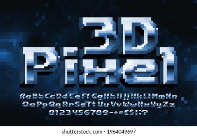 3D Pixel alphabet font. Digital letters, numbers and punctuations. 80s arcade video game typescript.
