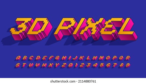 3D Pixel alphabet font. Digital letters and numbers with shadow. 80s arcade video game typescript.