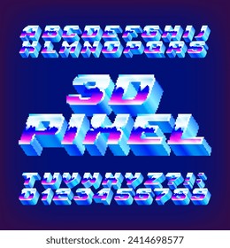 3D pixel alphabet font. Digital letters and numbers. 80s retro video game typeface.