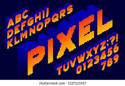 3D Pixel alphabet font. Isometric letters and numbers. 80s arcade video game typescript.