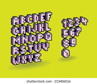 3d pixel alphabet font and numbers. Vector