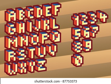 3D Pixel alphabet and numbers - illustration