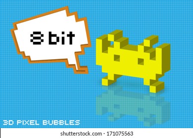 3d pixel arcade character with 8 bit bubble