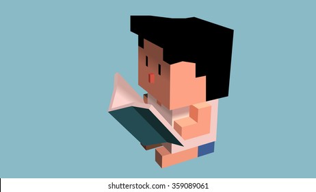 3D pixel pixel art boy student cartoon character reading, studying, learning knowledge from book. 