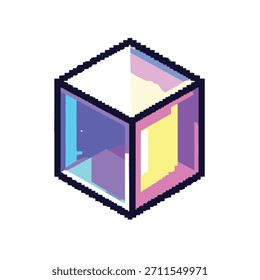 A 3D pixel art cube with transparent sides reflecting pastel colors like blue, purple, and yellow.
