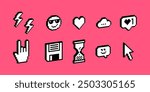 3D pixel art elements set. Y2k trendy stickers. Hourglass, lightning icon. Smile, heart, cloud. Mood of 90's aesthetics. 8-bit retro style vector illustration pack. Voxel art. Simple geometric form