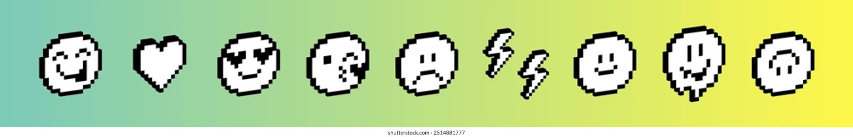 Conjunto de elementos de arte em pixels 3D. Adesivos de colagem na moda Y2k. Rosto triste, rosto sorridente, coração, beijo. O humor da estética dos anos 90. Ilustração de vetor de estilo retro de 8 bits. Forma geométrica simples. Ícones abstratos do jogo