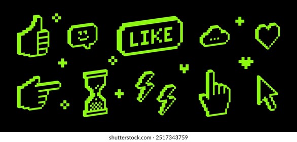 3D pixel art green elements set. Y2k trendy collage sticker. Thumbs up, smile face, heart. Mood of 90's aesthetics. 8-bit retro style vector illustration. Simple geometric shape. Game abstract icons