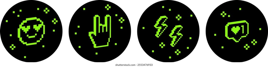 3D pixel art green vector elements. Trendy Y2k retro sticker set. Smile, heart. Rock hand icon. Fans, rock-n-roll. Bold and groovy. Simple geometric shape. Game abstract icons on black background