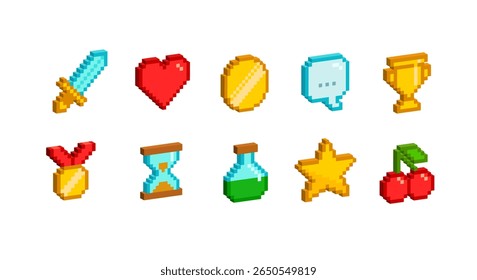 3D Pixel Art icons set in 8-bit game style.  Retro 8-bit game icons set of: sword, heart, gold coin, winner medal, trophy cup, etc.  Editable vector in 3D style
