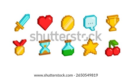 3D Pixel Art icons set in 8-bit game style.  Retro 8-bit game icons set of: sword, heart, gold coin, winner medal, trophy cup, etc.  Editable vector in 3D style
