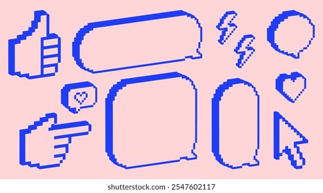 3D pixel art speech bubbles set. Thumbs up, arrow, heart. Mood of 90's aesthetics. Y2k trendy collage stickers. 8 bit retro brutal style. Groovy. Simple geometric shape. Game abstract vector elements