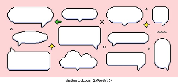 3D pixel art speech bubbles set. Thumbs up, arrow, heart. Mood of 90's aesthetics. Y2k trendy collage stickers. 8 bit retro brutal style. Groovy. Simple geometric shape. Game abstract vector elements