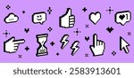 3D pixel art tech design elements. Thumbs up, hourglass, pointer icon. Mood of 90's. 8 bit retro style vector illustration. Y2k simple geometric shape for collage sticker, poster. Game abstract icons