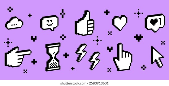 3D pixel art tech design elements. Thumbs up, hourglass, pointer icon. Mood of 90's. 8 bit retro style vector illustration. Y2k simple geometric shape for collage sticker, poster. Game abstract icons