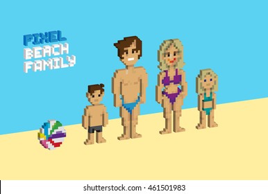 3d Pixel beach family, pixelized illustration. - Stock vector