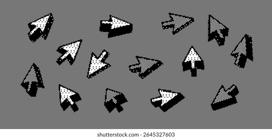 3d pixel cursor game icon. Arrow pointer set. Y2k mouse cursor retro style. Pattern black and white mouse arrow. Vector pixel illustration