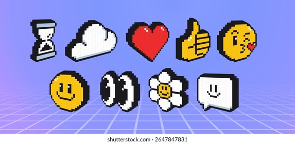 3d pixel emoticon icons with 8 bit hourglass timer, white cloud, red heart, thumbs up hand gesture, kissing and happy smiling face, google eyes, daisy flower and speech bubble for retro game interface