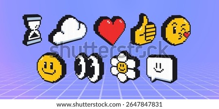 3d pixel emoticon icons with 8 bit hourglass timer, white cloud, red heart, thumbs up hand gesture, kissing and happy smiling face, google eyes, daisy flower and speech bubble for retro game interface