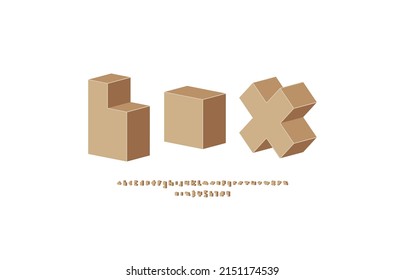 3d Pixel font, alphabet made in paper box style, letters and numbers, vector illustration 10eps