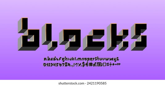 Tipo de letra 3d Pixel, alfabeto hecho en forma de caja oscura, letras geométricas y números de línea dorada estilo, ilustración vectorial 10eps