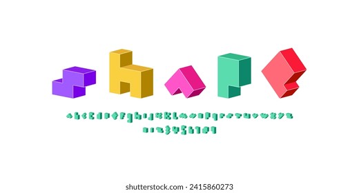3d Pixel font, bright alphabet made in colorful style, letters and numbers, vector illustration 10eps