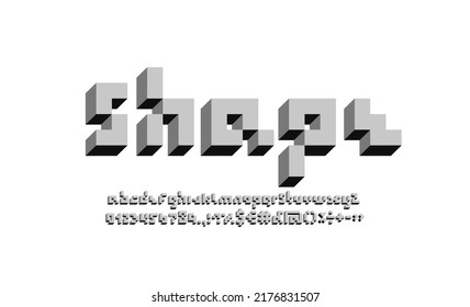 Tipo de letra 3D Pixel, alfabeto gris oscuro, letras y números establecidos en el estilo de volumen, ilustración vectorial 10eps