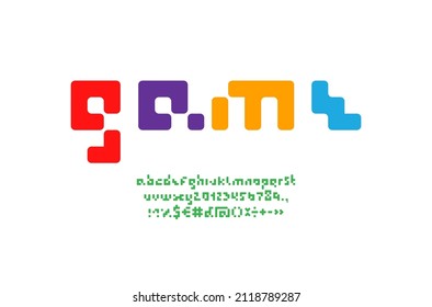 3D Pixel font, trendy kids alphabet or typeface, round letters and numbers made in video game style