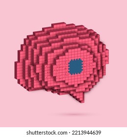 3D Pixel Human Brain And Implanted Chip On Pink Background.