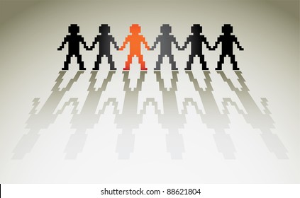 3d pixel human figures in a row - illustration