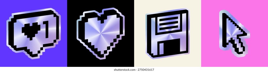 3D pixel icons with holographic gradient. Retro 8-bit Y2K symbols. Heart, like reaction, floppy disk save icon, cursor arrow. Futuristic chrome pixel art elements for gaming, nostalgic digital design
