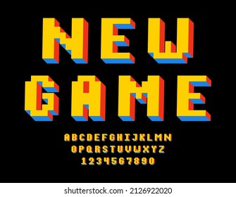 3d pixel retro font. Pixelated alphabet in 8-bit games style. Isometric pixel uppercase letters and numbers. Vector illustration.