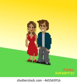 3d Pixel romantic couple, pixelated illustration. - Stock vector